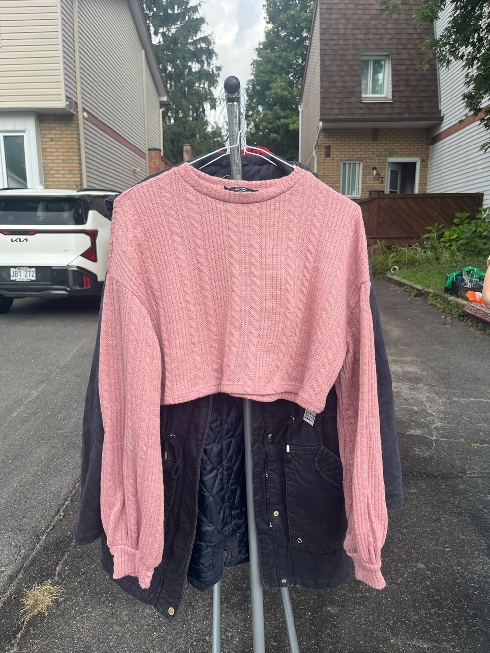 Bershka Pink Cropped Cable Knit Crewneck Sweater